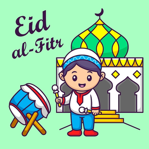 Cute Muslim Boy with Drum in Cartoon Background Ramadan Vector Illustration Flat Style Concept