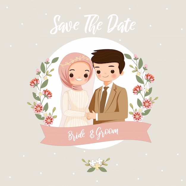 Cute Muslim bride and groom cartoon for wedding card