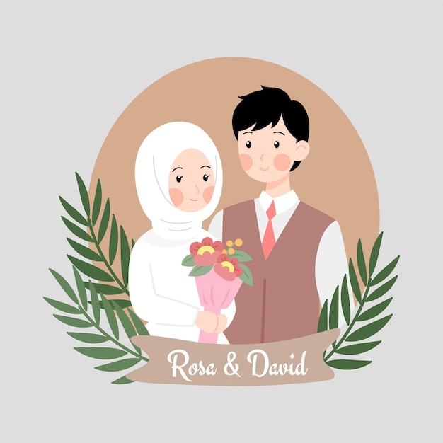 cute muslim bride and groom for wedding invitation concept