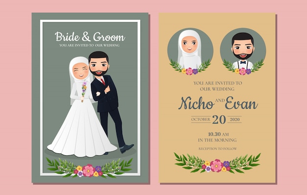 Cute muslim bride and groom. Wedding invitations card.