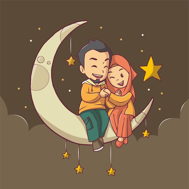 Cute muslim couple on the moon