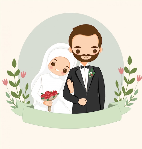 Cute muslim couple with flower for wedding invitation card