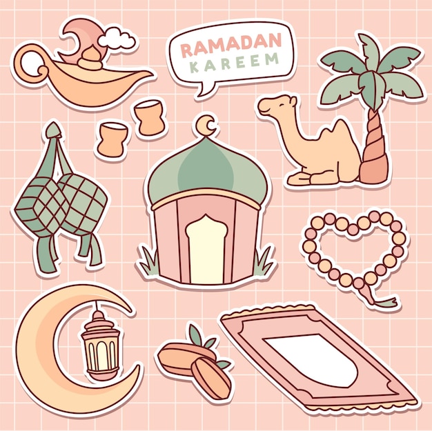 Cute muslim element sticker collection for ramadan mubarak