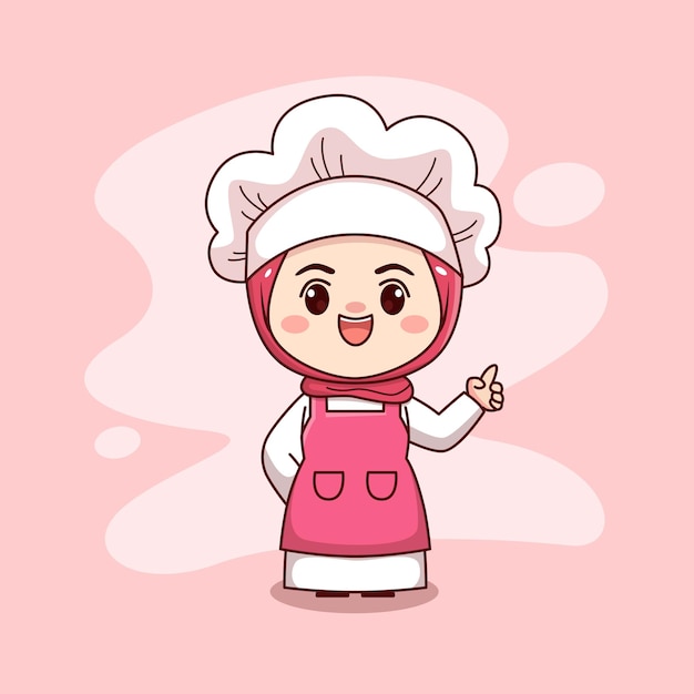 Cute muslim female chef wearing hijab with pointing finger cartoon chibi vector character design