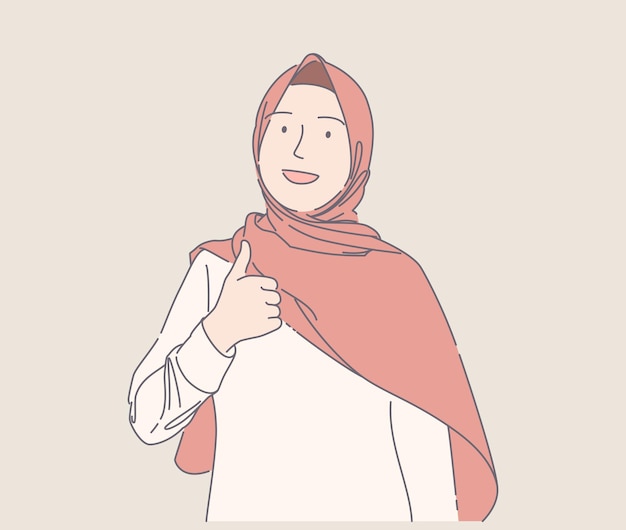 cute muslim girl giving likes hand drawn illustration happy young muslim woman smiling and give thumbs up