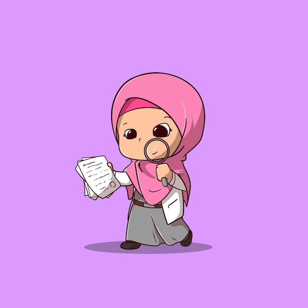 cute Muslim girl hold magnifier learning something cartoon character