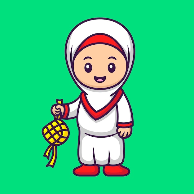 Cute Muslim Girl Holding Ketupat in Cartoon Ramadan Vector Illustration Flat Style Concept