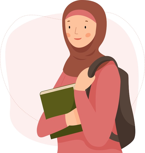 Cute muslim girl student with backpack holding a book Arabic woman in hijab  studying at university