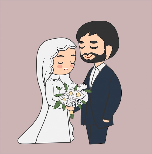 Cute Muslim wedding couple doodle cartoon