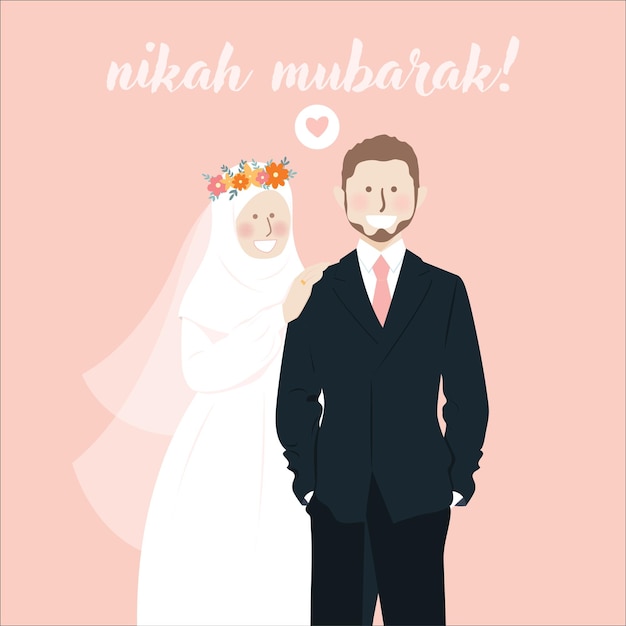 Cute muslim wedding couple illustration with nikah mubarak greeting and wishes