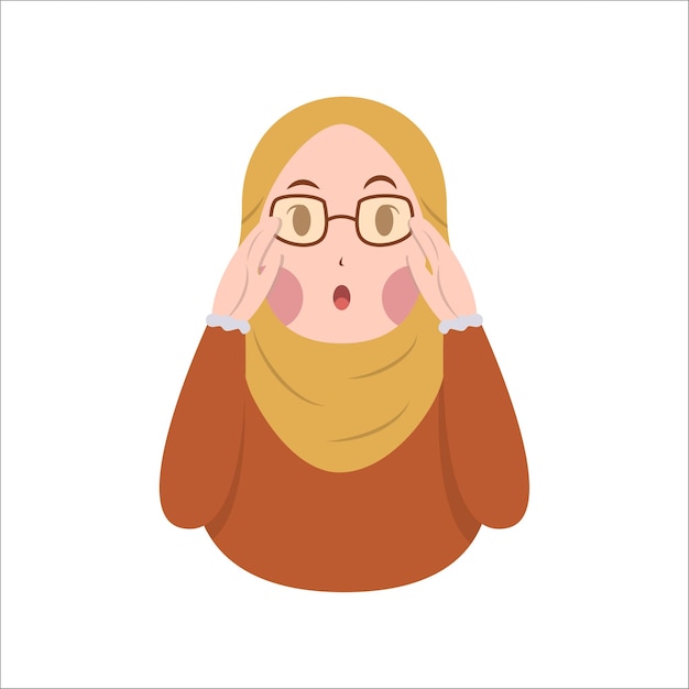 Cute Muslim woman Hijab wear eyeglass with suprised expression vector illustration