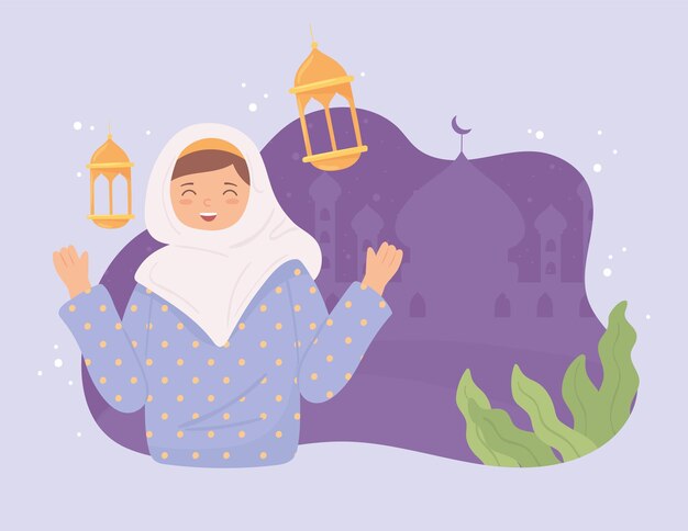 Vector cute muslim woman and mosque