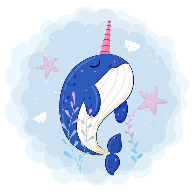 Cute narwhal swimming in the sea cartoon illustration