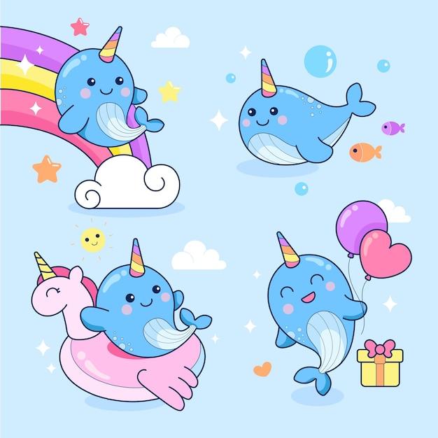 Cute narwhal unicorn sea vector illustration