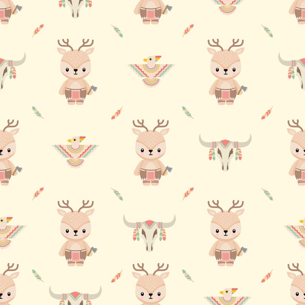 cute native american deer animals cartoon seamless pattern