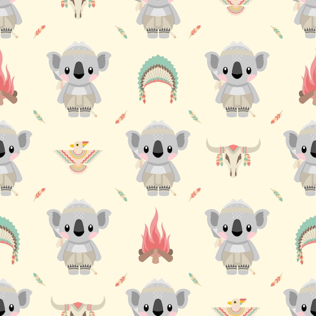 cute native american koala animals cartoon seamless pattern