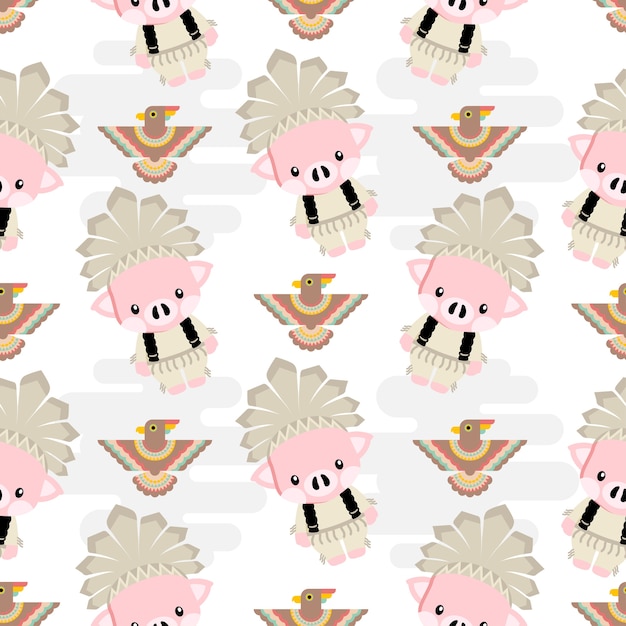 Cute native american pig animals cartoon seamless pattern