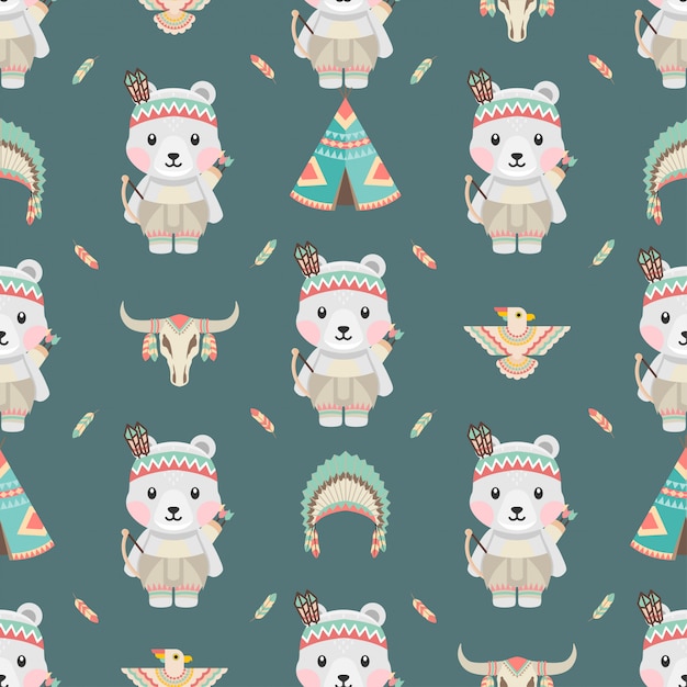 cute native american polar animals cartoon seamless pattern