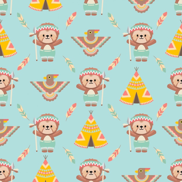 cute native american sloth animals cartoon seamless pattern