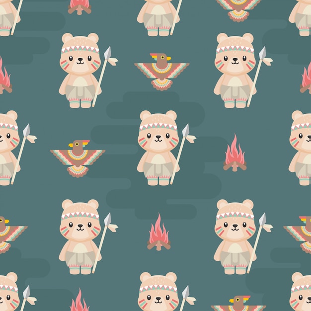 cute native bear american animals cartoon seamless pattern