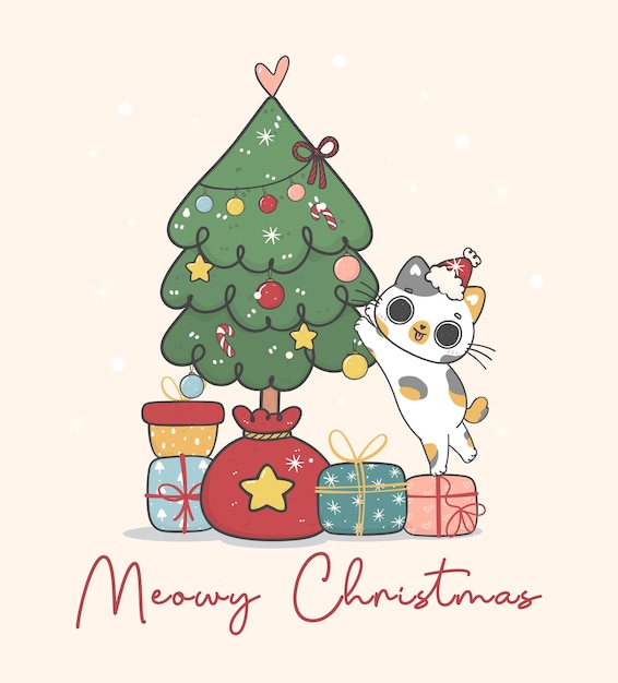 Cute naughty calico kitten cat  decorating a Christmas tree