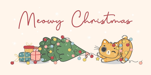 Cute naughty orange ginger kitten cat destroy a Christmas decorated pine tree merry catmas cartoon animal character hand drawing doodle vector idea for greeting card