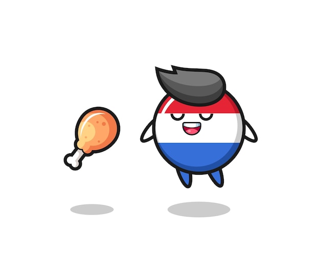 Cute netherlands flag badge floating and tempted because of fried chicken