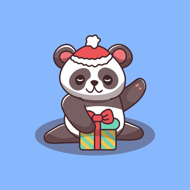 Vector cute new year panda with gift wearing red santa hat new year christmas vector character