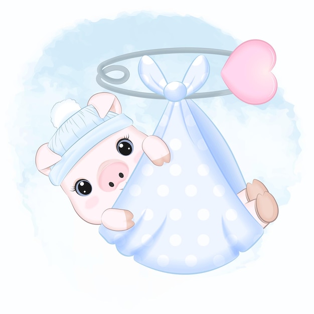 Cute Newborn Pig sleep in a blue blanket illustration