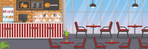 Cute and nice design of Burgers shop with furniture and interior objects vector design