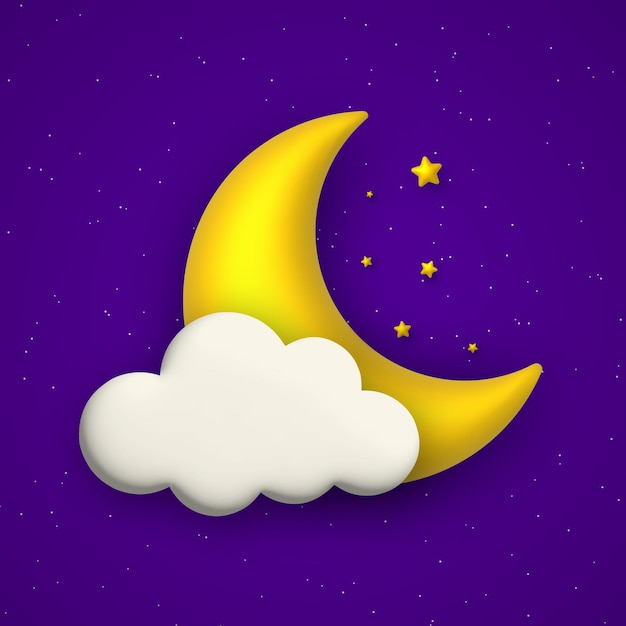 Cute night background with blue sky cloud stars and golden moon Vector illustration