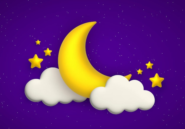 Cute night sky background with 3d clouds golden moon and stars 3d cartoon vector illustration