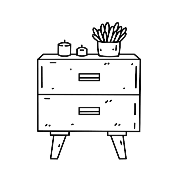 Cute nightstand or bedside table with candles and a houseplant Bedroom furniture doodle illustration