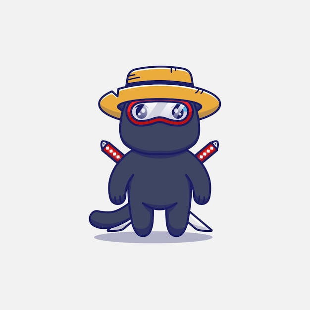 Cute ninja cat wearing straw hat