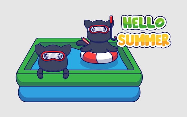 Cute ninja cats with hello summer greeting banner