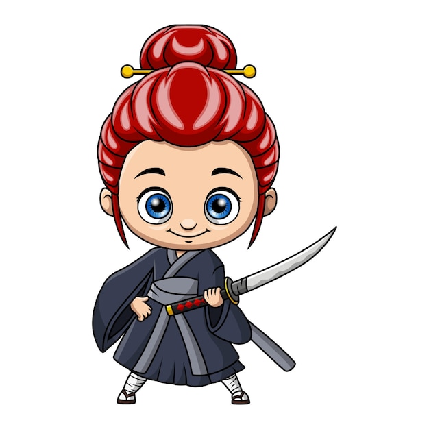 Cute ninja girl cartoon holding a sword