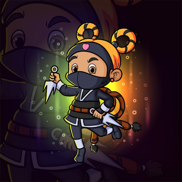 The cute ninja girl holding the trident esport mascot logo design