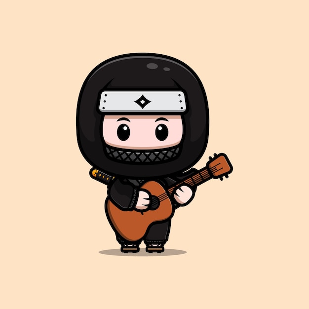 Cute ninja playing guitar mascot icon illustration