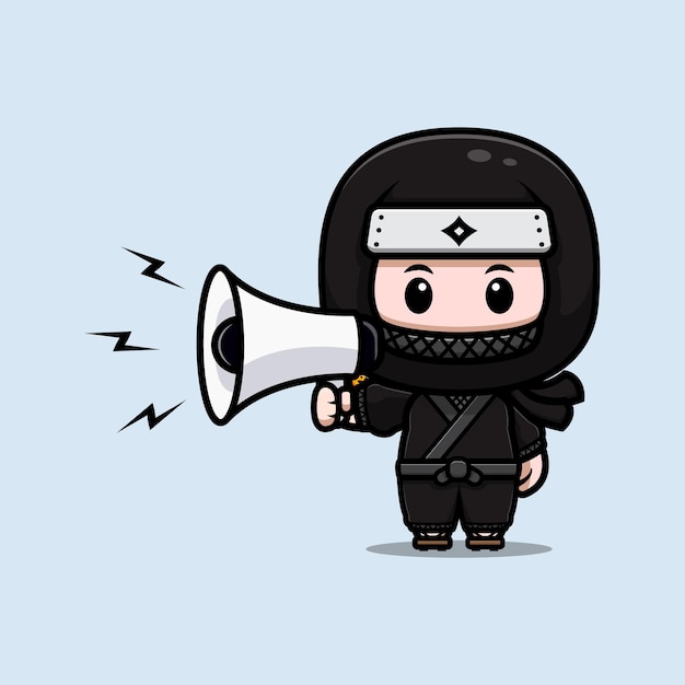 Cute ninja speaking on megaphone mascot icon illustration