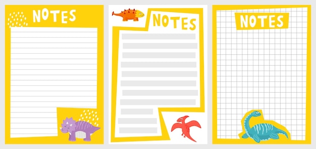 Cute notepad notebook with dinosaur cartoon style Kawaii stationery Trendy modern vector illustration isolated on white background hand drawn flat design Yellow color Set of blanks