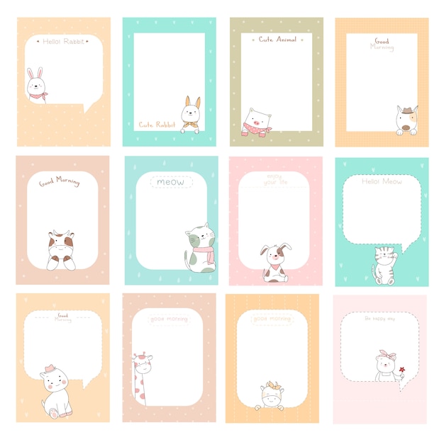 Cute notes with cute baby animal cartoon hand drawn style