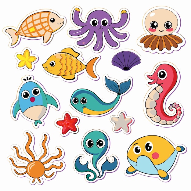 Vector cute ocean stickers fish octopus sea creatures more