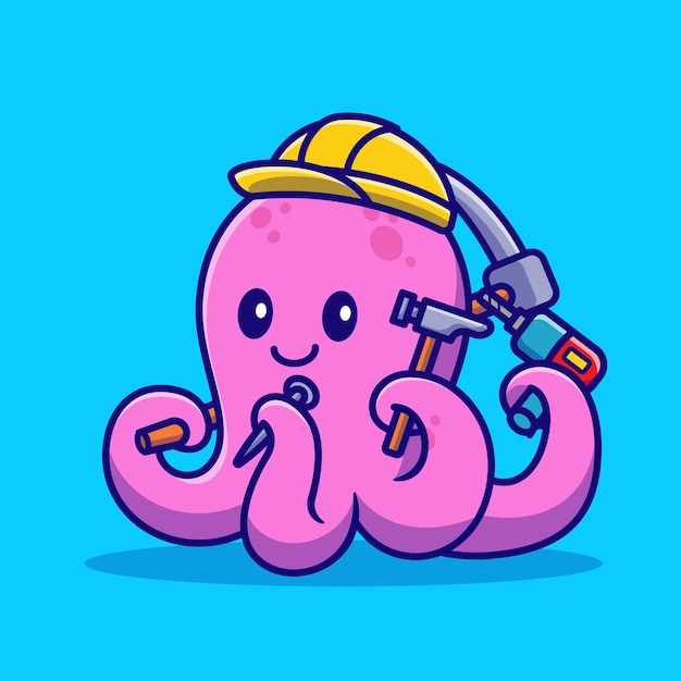 Cute Octopus Handyman Cartoon Vector Icon Illustration. Animal Building Icon Concept Isolated Premium Vector. Flat Cartoon Style