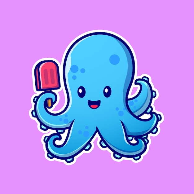 Cute Octopus Holding Ice Cream Popsicle Cartoon   Icon Illustration. Animal Food Icon Concept Isolated  . Flat Cartoon Style