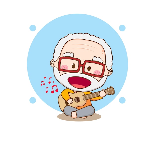 Cute old man playing guitar cartoon character