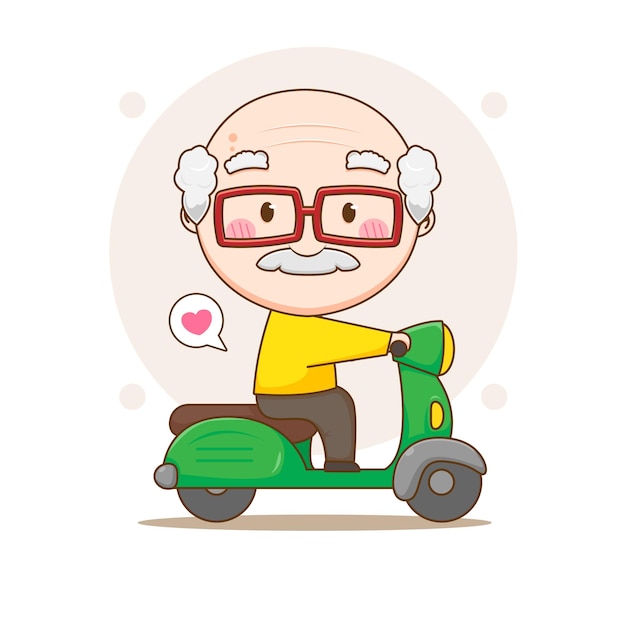 Cute old man riding motorcycle Chibi cartoon character