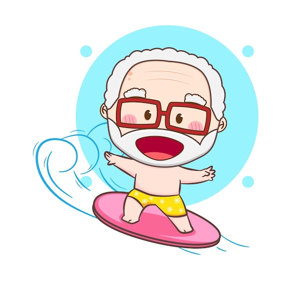 Cute old man surfing on sea cartoon character