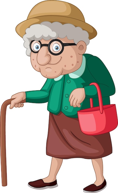 Cute old woman cartoon with a cane