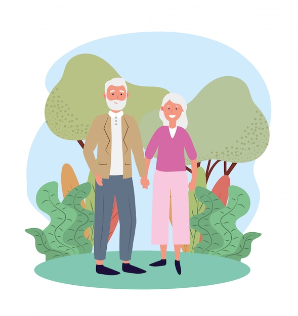 cute old woman and man couple with trees and plants