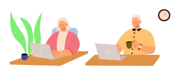 Cute old woman and man working on laptop computer at home Active life work remotely freelance